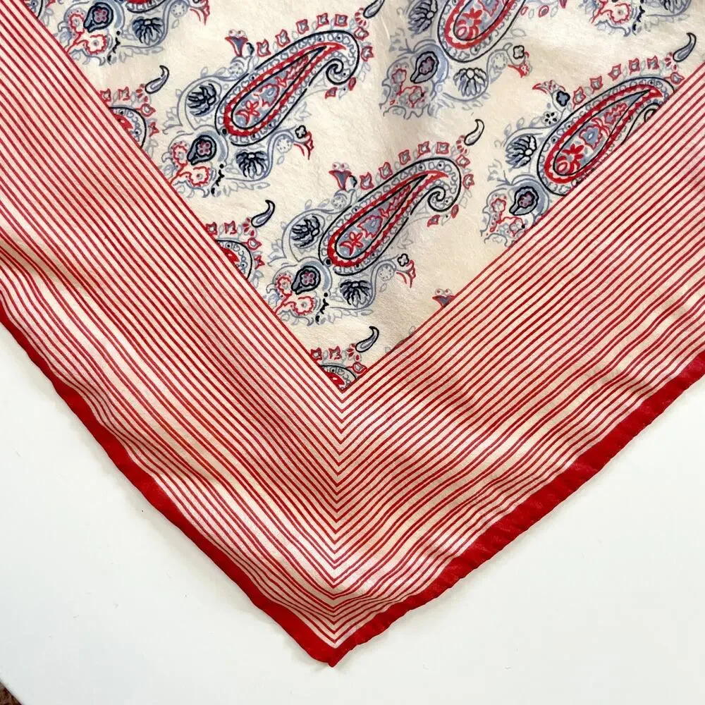Vintage 70s Silk Square Scarf Paisley Red Ivory Old Money Quiet Luxury Parisian